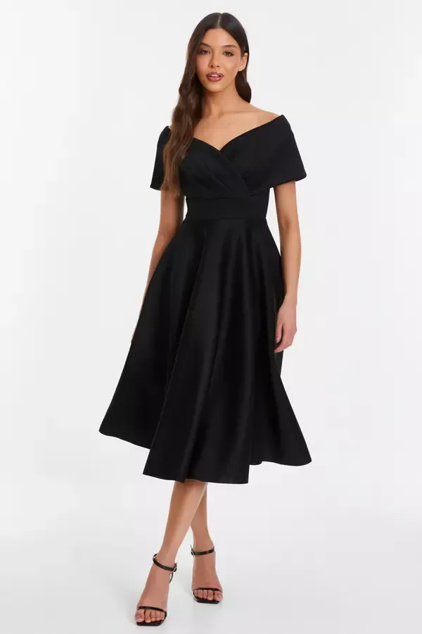 Women Black Bardot Skater Midi Dress Quiz Clothing Dresses