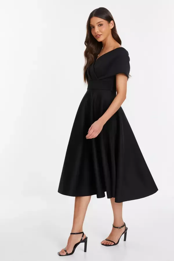 Women Black Bardot Skater Midi Dress Quiz Clothing Dresses