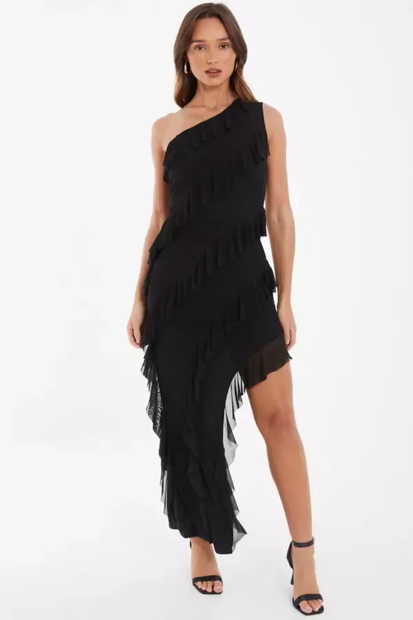 Women Black Chiffon Asymmetric Maxi Dress Quiz Clothing Dresses