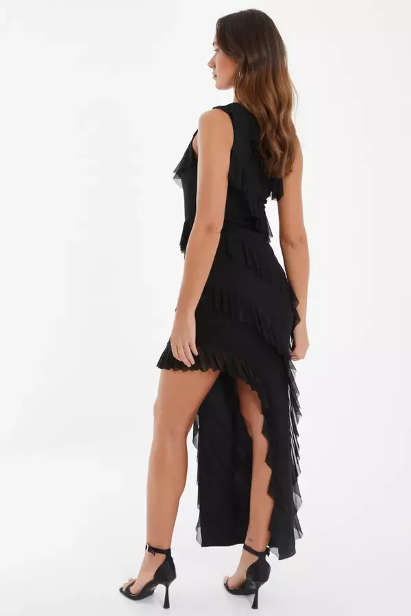 Women Black Chiffon Asymmetric Maxi Dress Quiz Clothing Dresses