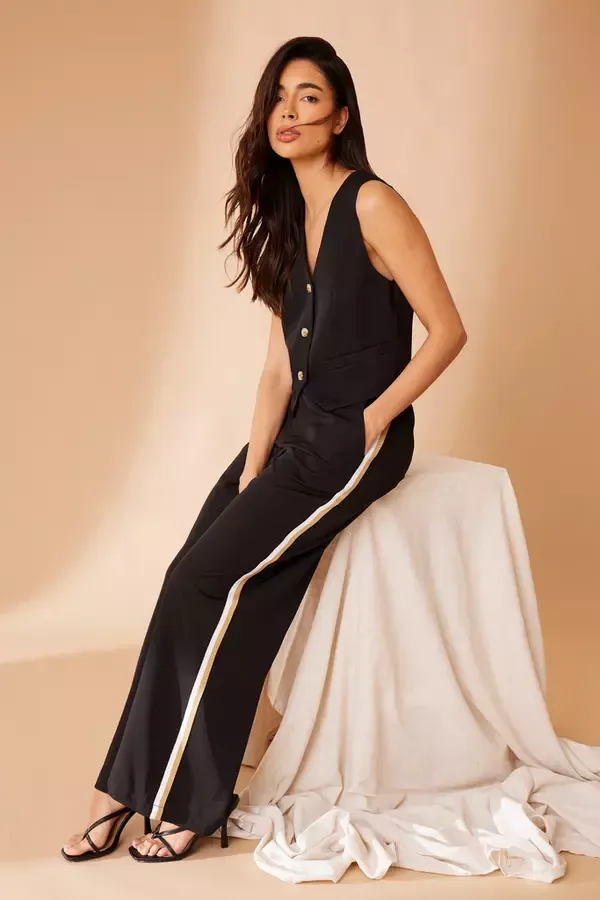 Women Black Contrast Trim Trousers Quiz Clothing Trousers