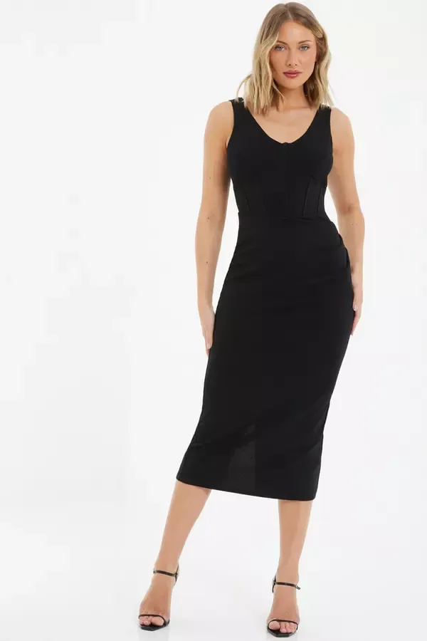 Women Black Corset Bodycon Midi Dress Quiz Clothing Dresses