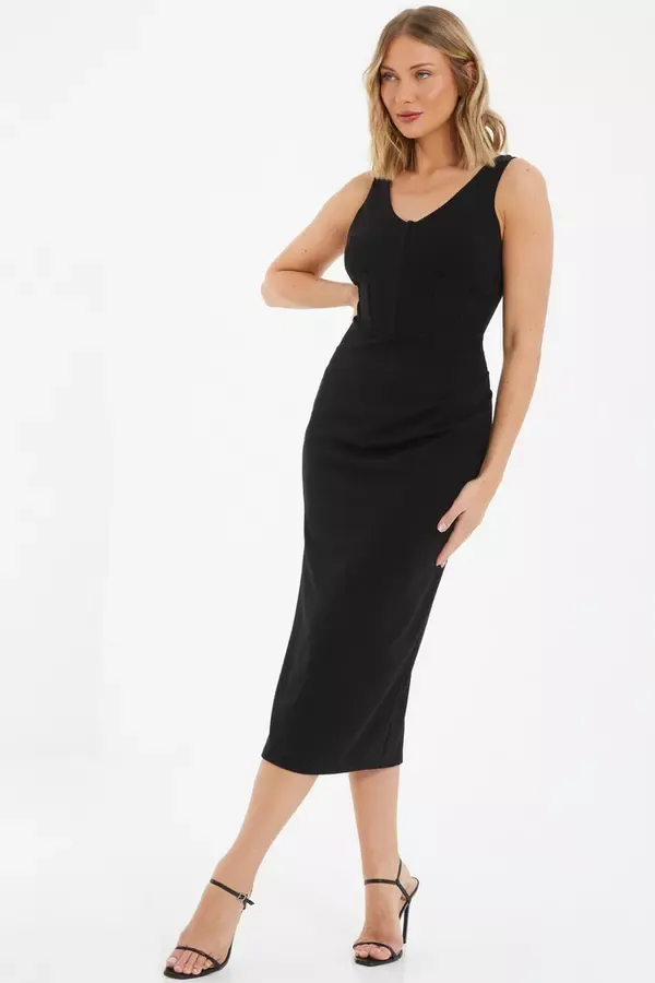 Women Black Corset Bodycon Midi Dress Quiz Clothing Dresses