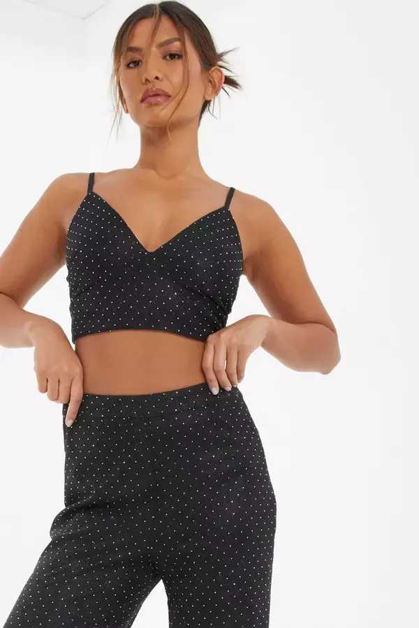 Women Black Diamante Crop Top Quiz Clothing CoOrds