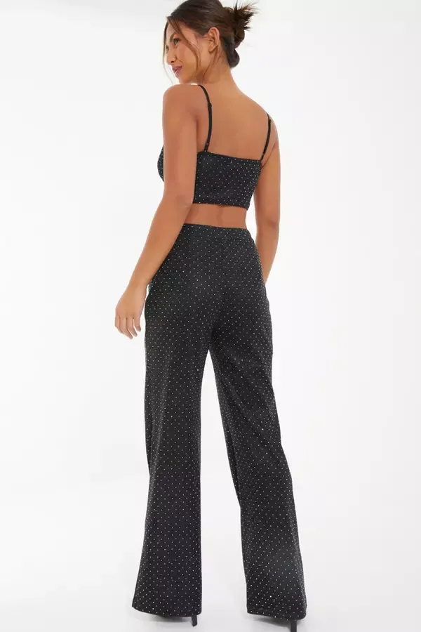 Women Black Diamante Crop Top Quiz Clothing CoOrds
