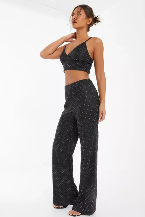 Women Black Diamante Crop Top Quiz Clothing CoOrds