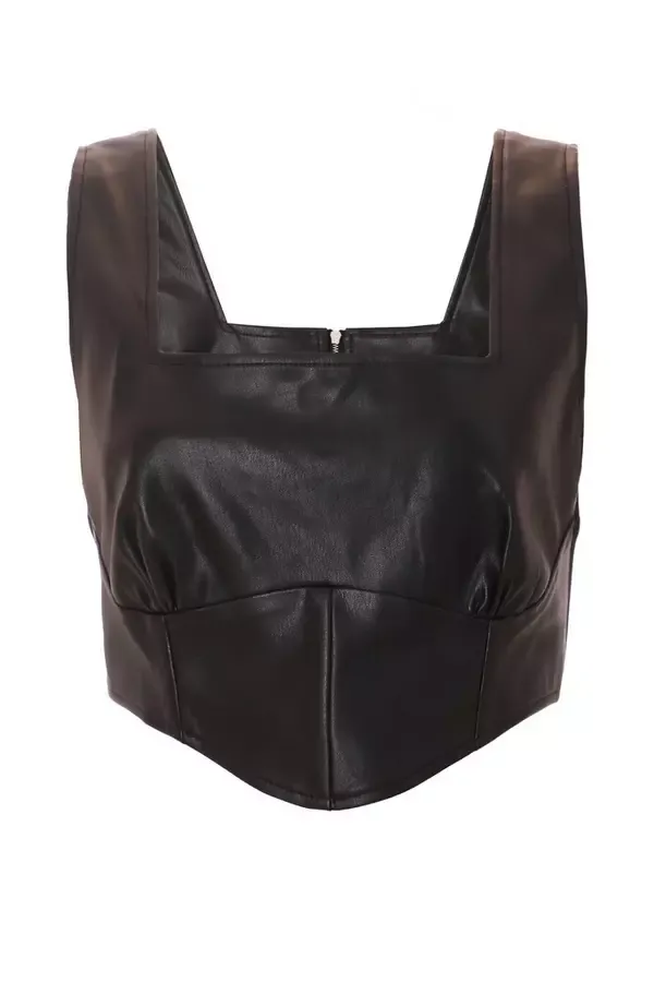 Women Black Faux Leather Corset Top Quiz Clothing Going Out