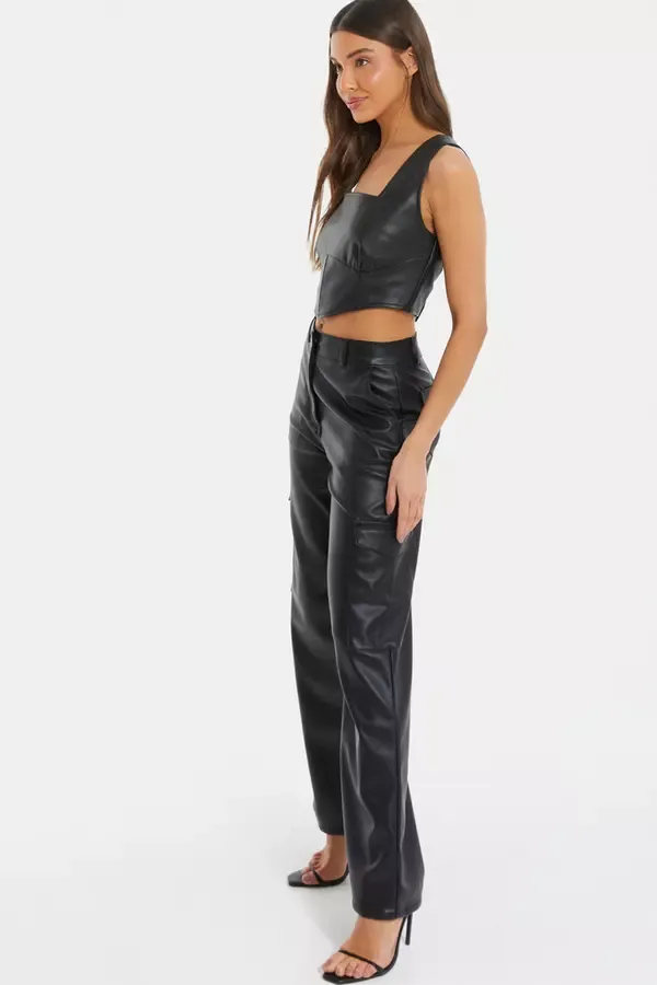 Women Black Faux Leather Corset Top Quiz Clothing Going Out