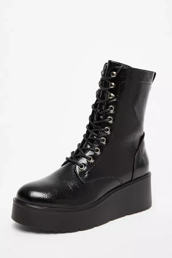 Women Black Faux Leather Lace Up Wedged Ankle Boots Quiz Clothing Ankle Boots