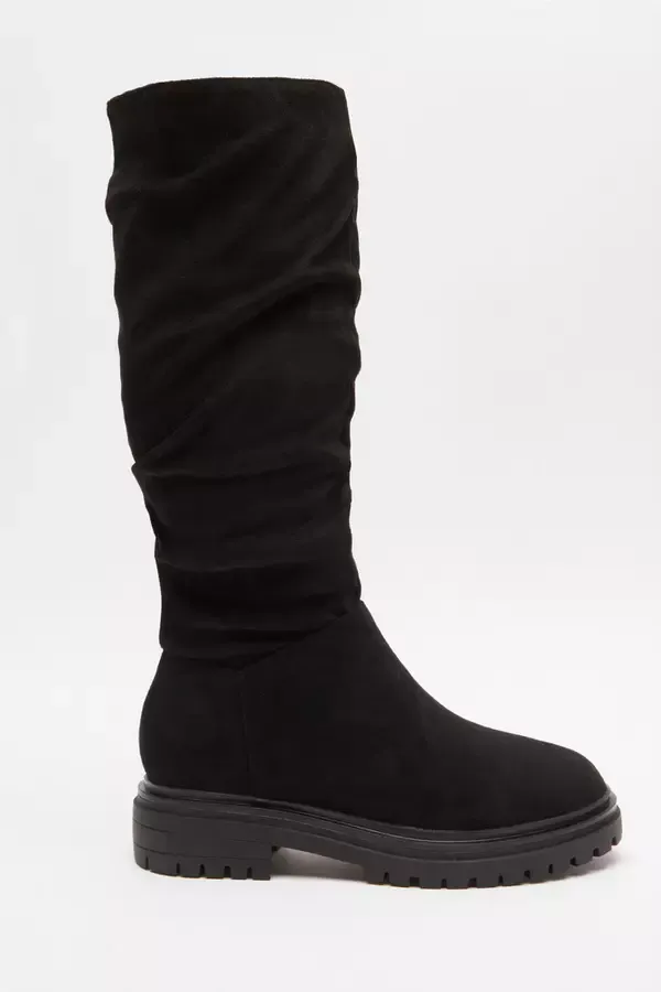 Women Black Faux Suede Ruched Boots Quiz Clothing Boots