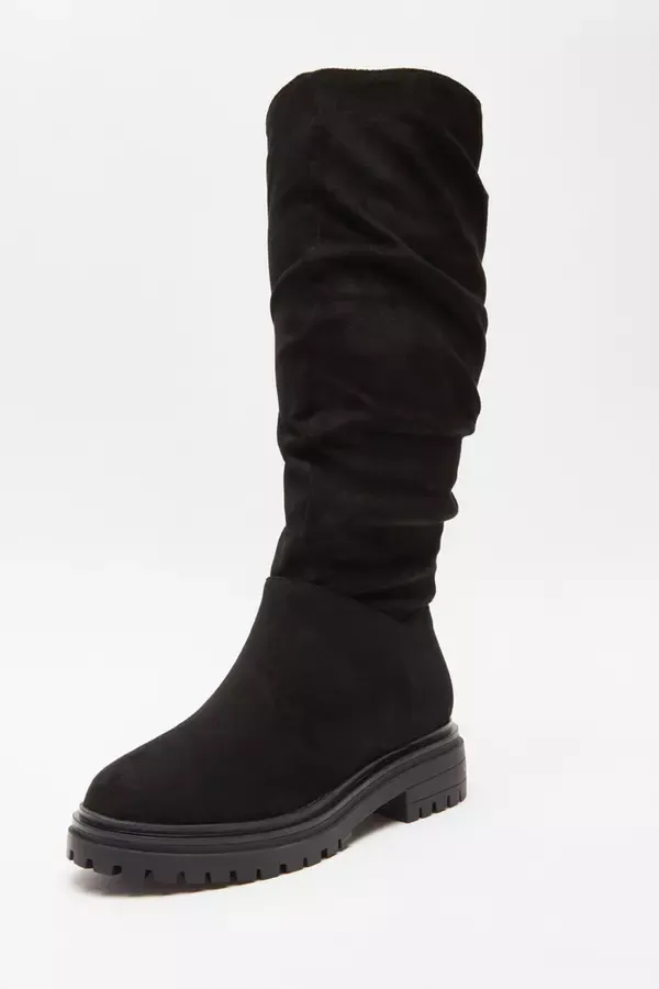 Women Black Faux Suede Ruched Boots Quiz Clothing Boots