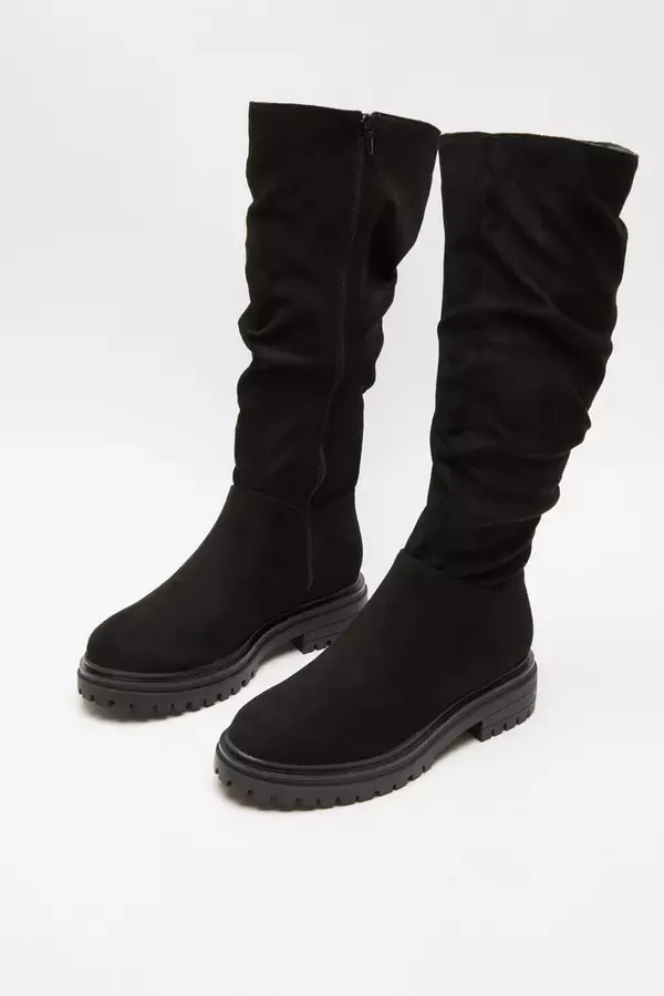 Women Black Faux Suede Ruched Boots Quiz Clothing Boots