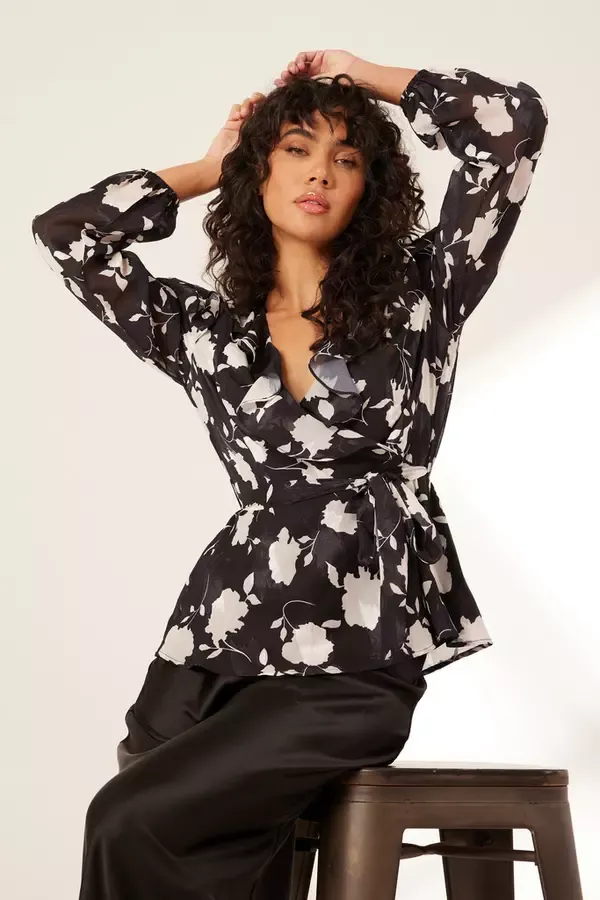Women Black Floral Frill Peplum Top Quiz Clothing Casual Clothing