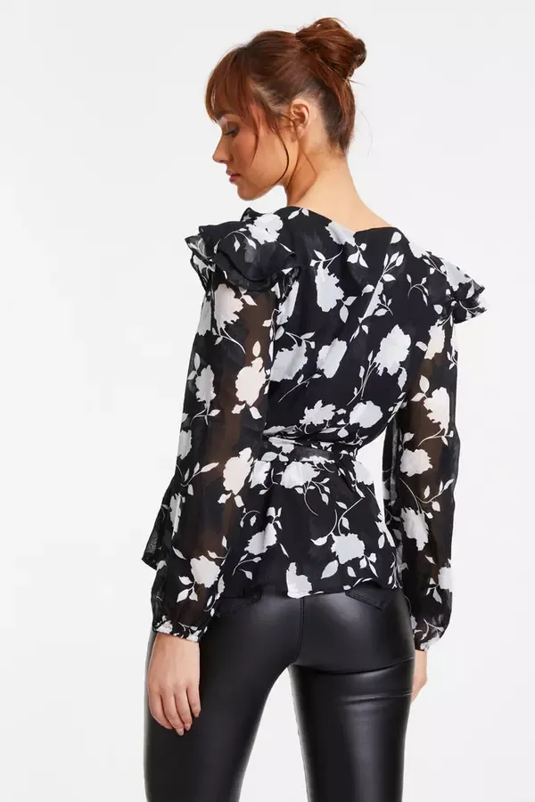 Women Black Floral Frill Peplum Top Quiz Clothing Casual Clothing