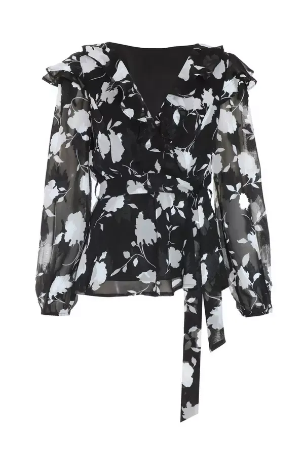 Women Black Floral Frill Peplum Top Quiz Clothing Casual Clothing