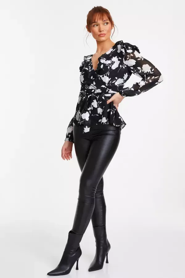 Women Black Floral Frill Peplum Top Quiz Clothing Casual Clothing