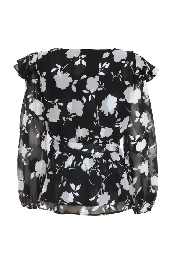 Women Black Floral Frill Peplum Top Quiz Clothing Casual Clothing