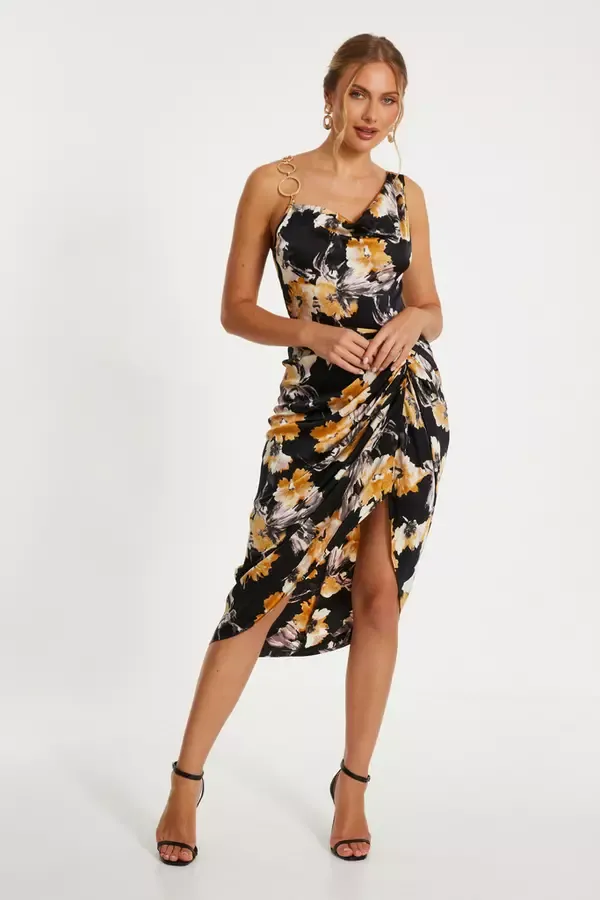 Women Black Floral Print Satin Ruched Midi Dress Quiz Clothing Dresses