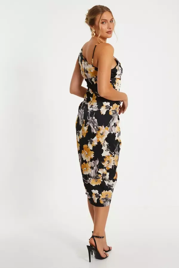 Women Black Floral Print Satin Ruched Midi Dress Quiz Clothing Dresses