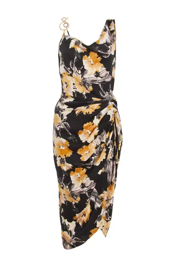 Women Black Floral Print Satin Ruched Midi Dress Quiz Clothing Dresses