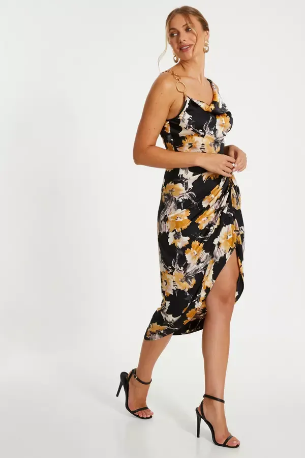 Women Black Floral Print Satin Ruched Midi Dress Quiz Clothing Dresses