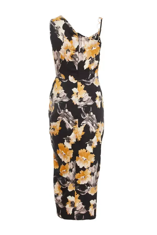Women Black Floral Print Satin Ruched Midi Dress Quiz Clothing Dresses
