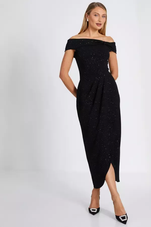 Women Black Glitter Bardot Midi Dress Quiz Clothing Dresses