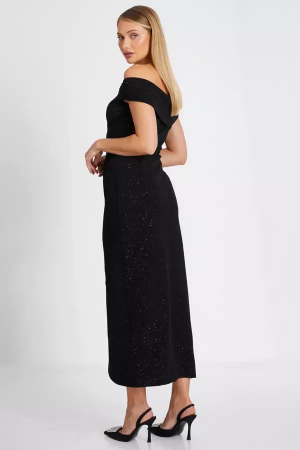 Women Black Glitter Bardot Midi Dress Quiz Clothing Dresses