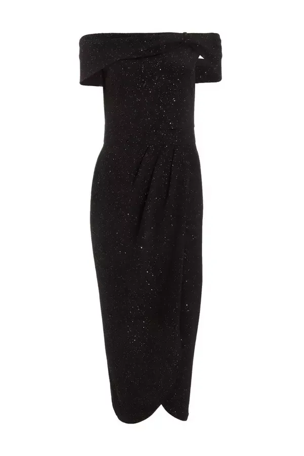 Women Black Glitter Bardot Midi Dress Quiz Clothing Dresses