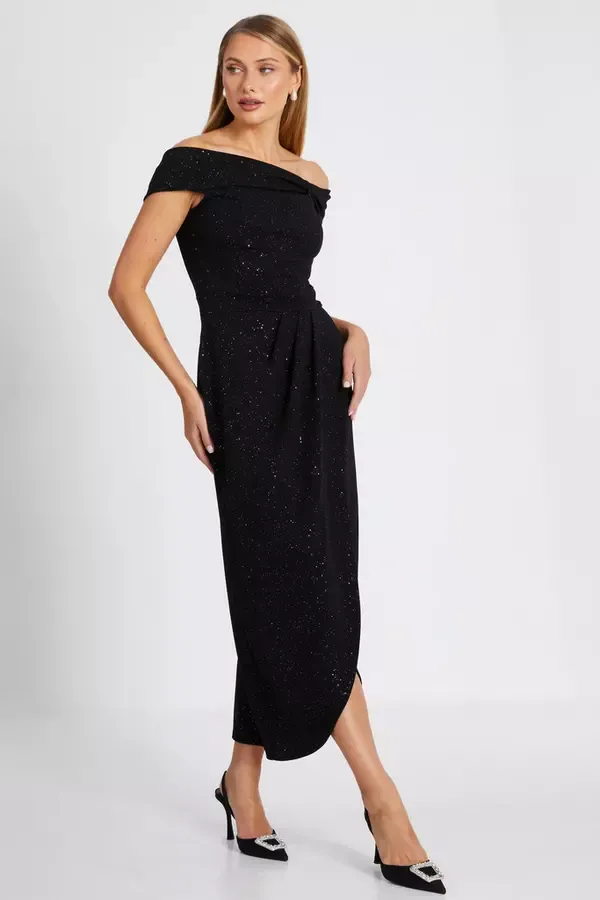 Women Black Glitter Bardot Midi Dress Quiz Clothing Dresses