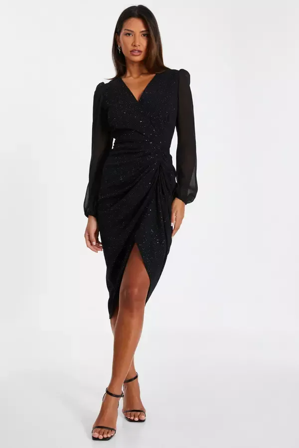 Women Black Glitter Midi Dress Quiz Clothing Going Out