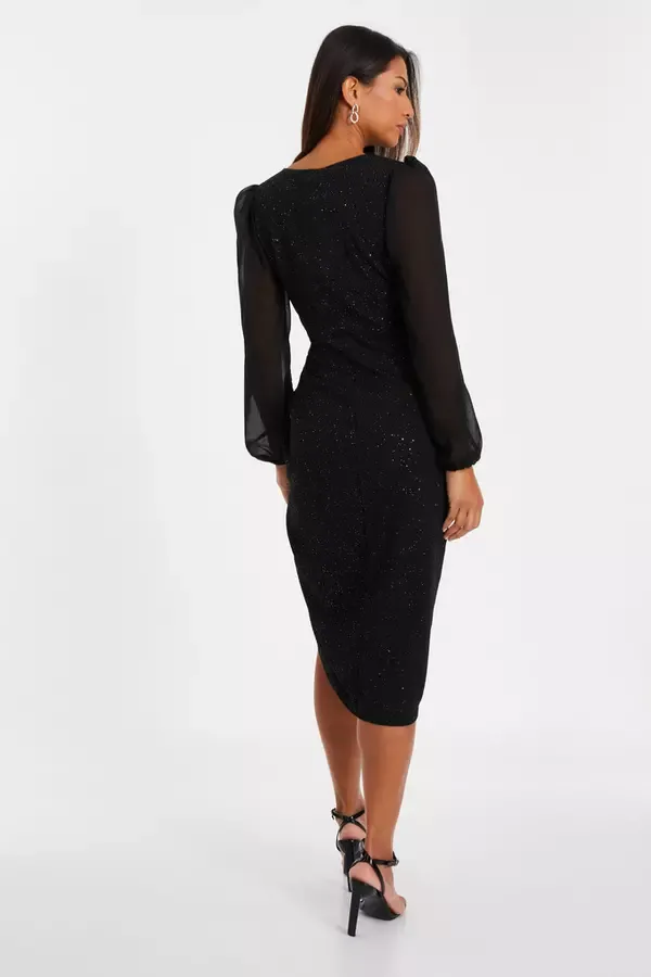 Women Black Glitter Midi Dress Quiz Clothing Going Out