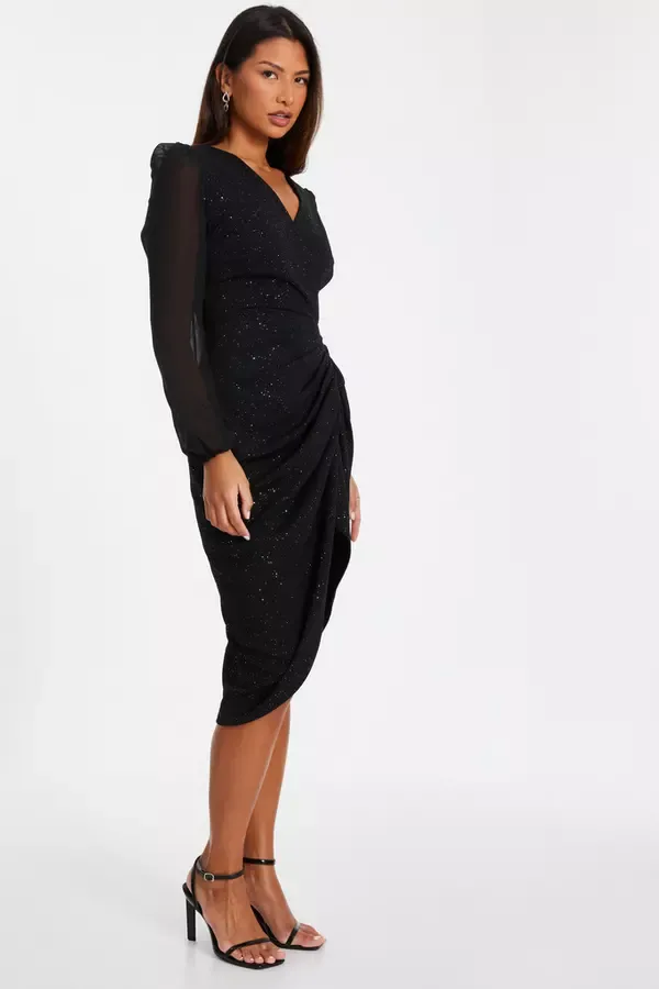 Women Black Glitter Midi Dress Quiz Clothing Going Out