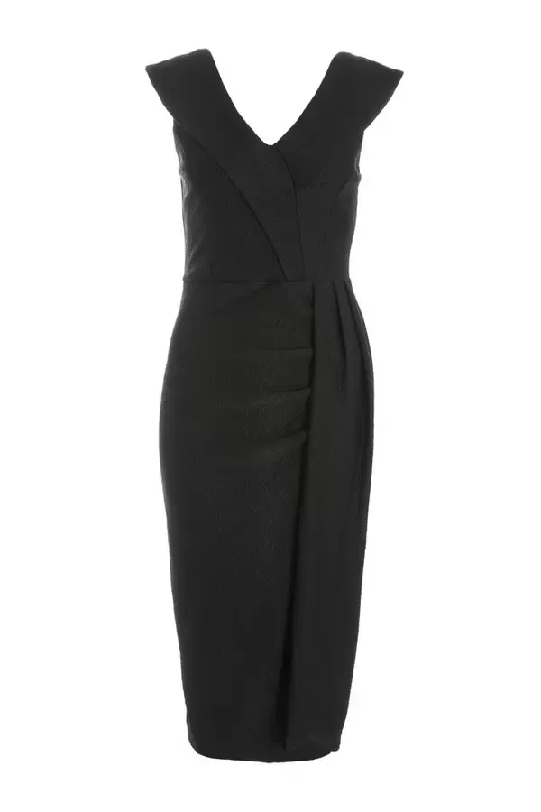 Women Black Jacquard Bardot Ruched Dress Quiz Clothing Dresses