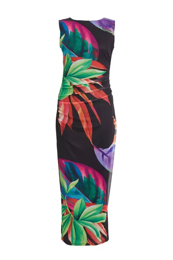 Women Black Mesh Tropical Print Midaxi Dress Quiz Clothing Dresses