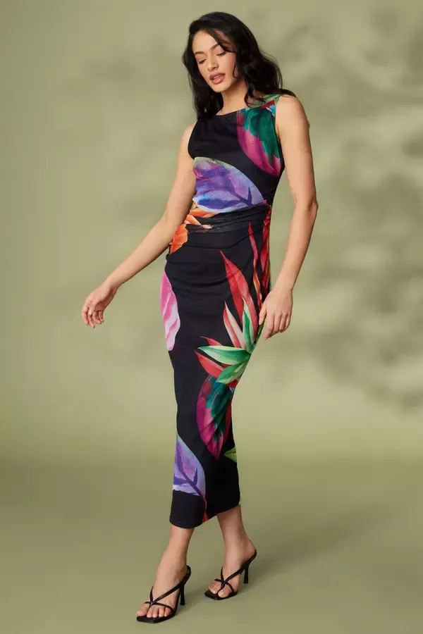 Women Black Mesh Tropical Print Midaxi Dress Quiz Clothing Dresses