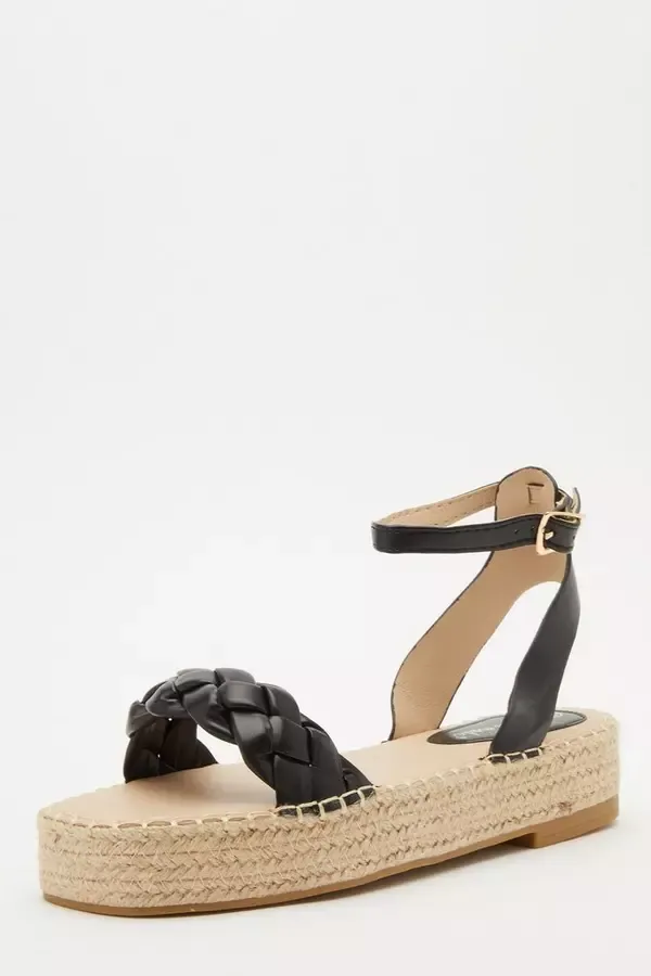 Women Black Pleated Flatforms Quiz Clothing Sandals