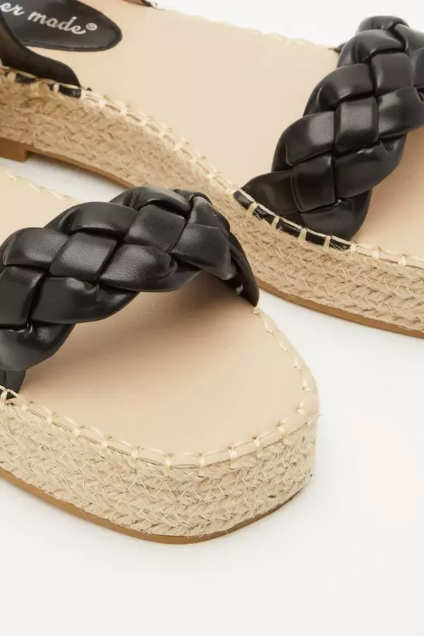 Women Black Pleated Flatforms Quiz Clothing Sandals