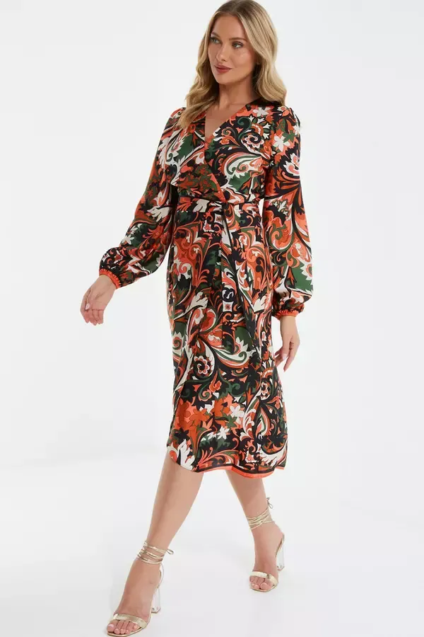 Women Black Satin Paisley Print Midi Dress Quiz Clothing Dresses