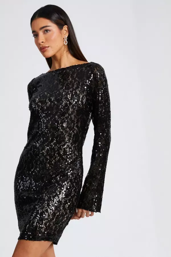 Women Black Sequin Lace Mini Dress Quiz Clothing Dresses