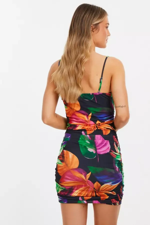 Women Black Tropical Print Mini Dress Quiz Clothing Dresses