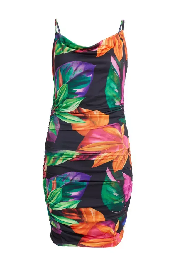 Women Black Tropical Print Mini Dress Quiz Clothing Dresses
