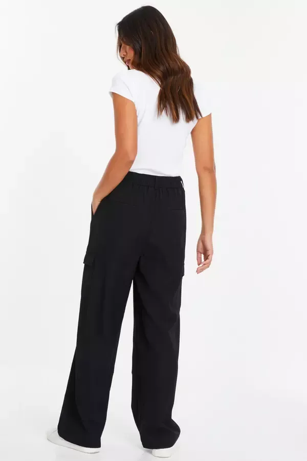 Women Black Wide Leg Cargo Trousers Quiz Clothing Trousers