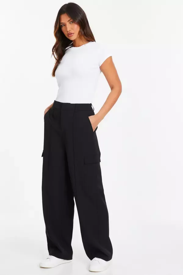 Women Black Wide Leg Cargo Trousers Quiz Clothing Trousers