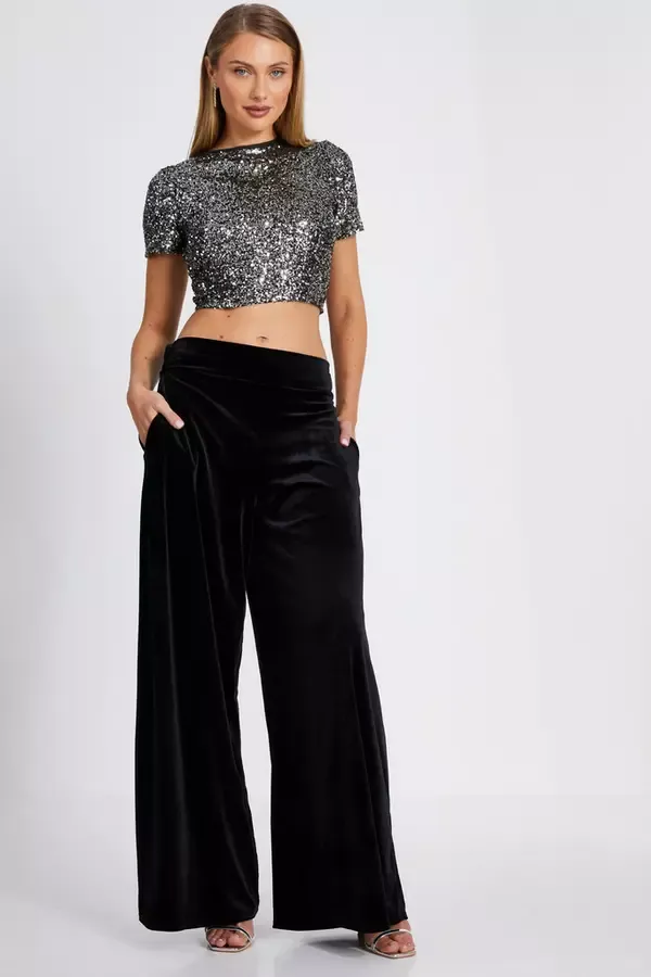 Women Black Wide Leg Velvet Trouser Quiz Clothing Trousers
