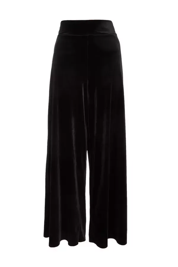 Women Black Wide Leg Velvet Trouser Quiz Clothing Trousers