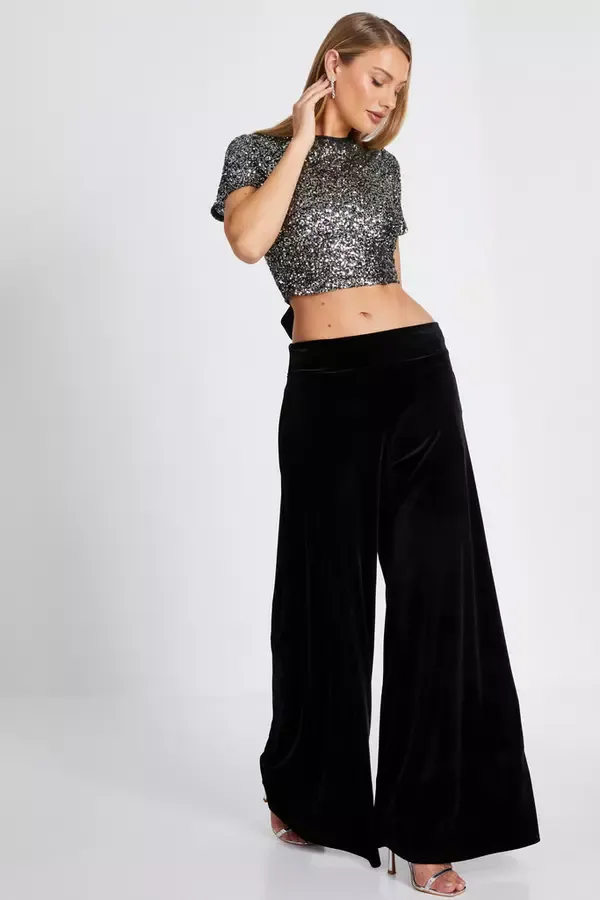 Women Black Wide Leg Velvet Trouser Quiz Clothing Trousers