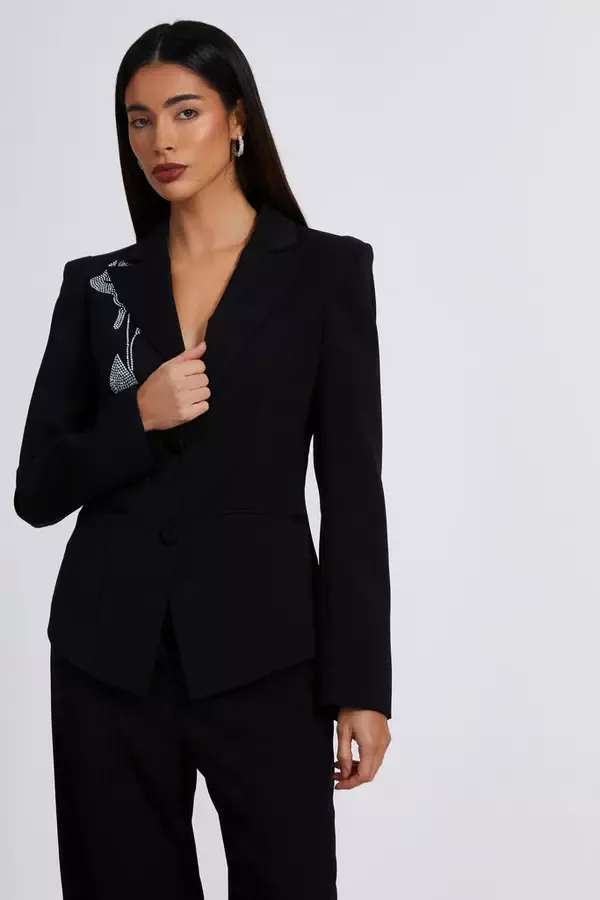 Women Black Woven Embellished Tailored Blazer Quiz Clothing Blazers