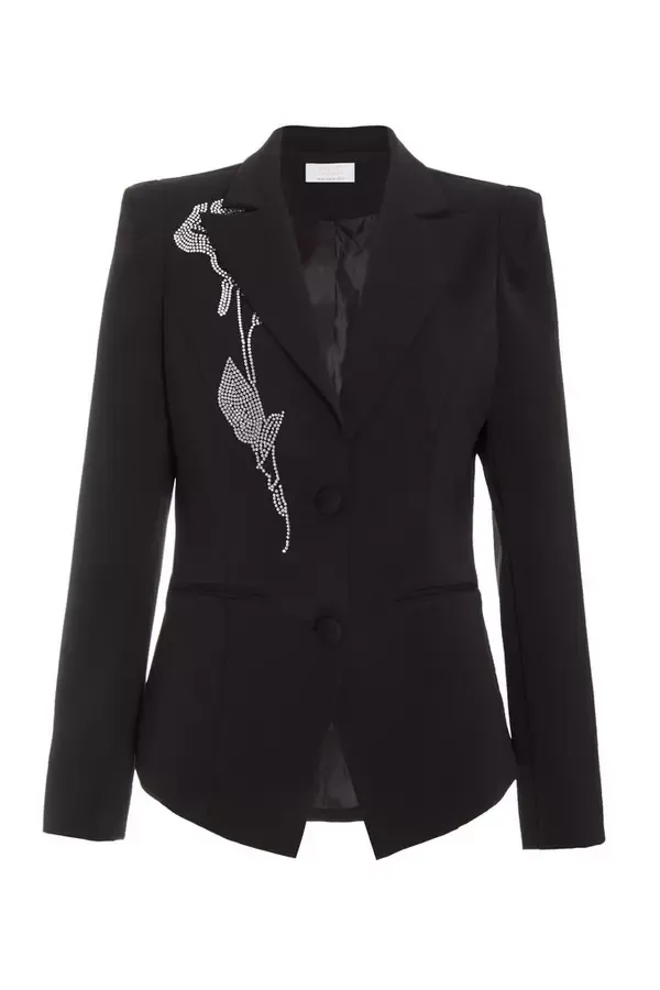 Women Black Woven Embellished Tailored Blazer Quiz Clothing Blazers