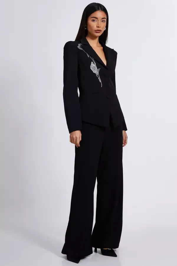Women Black Woven Embellished Tailored Blazer Quiz Clothing Blazers